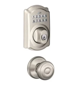 Schlage® Georgian Satin Nickel Door Knob With Camelot Trim And Keypad Door Deadbolt