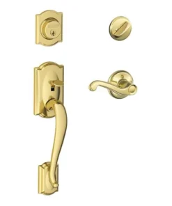 Schlage® Camelot Bright Brass Entry Door Lever Handleset And Single Cylinder Door Deadbolt
