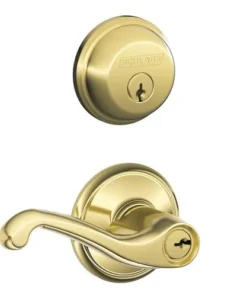 Schlage® Flair Bright Brass Entry Door Lever And Single Cylinder Door Deadbolt